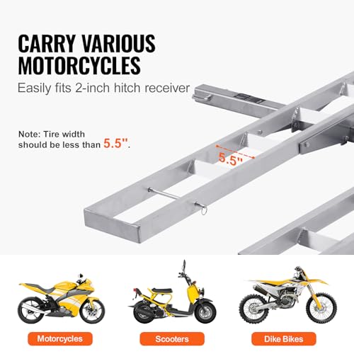 VEVOR Motorcycle Carrier, 2-Bike 600 LBS Aluminum Motorcycle Carrier Hitch Mount, Loading Ramp, Scooter Dirt Bike Trailer Hauler, Ratchet Straps and Stabilizer, for Car, Truck with 2" Hitch Receiver