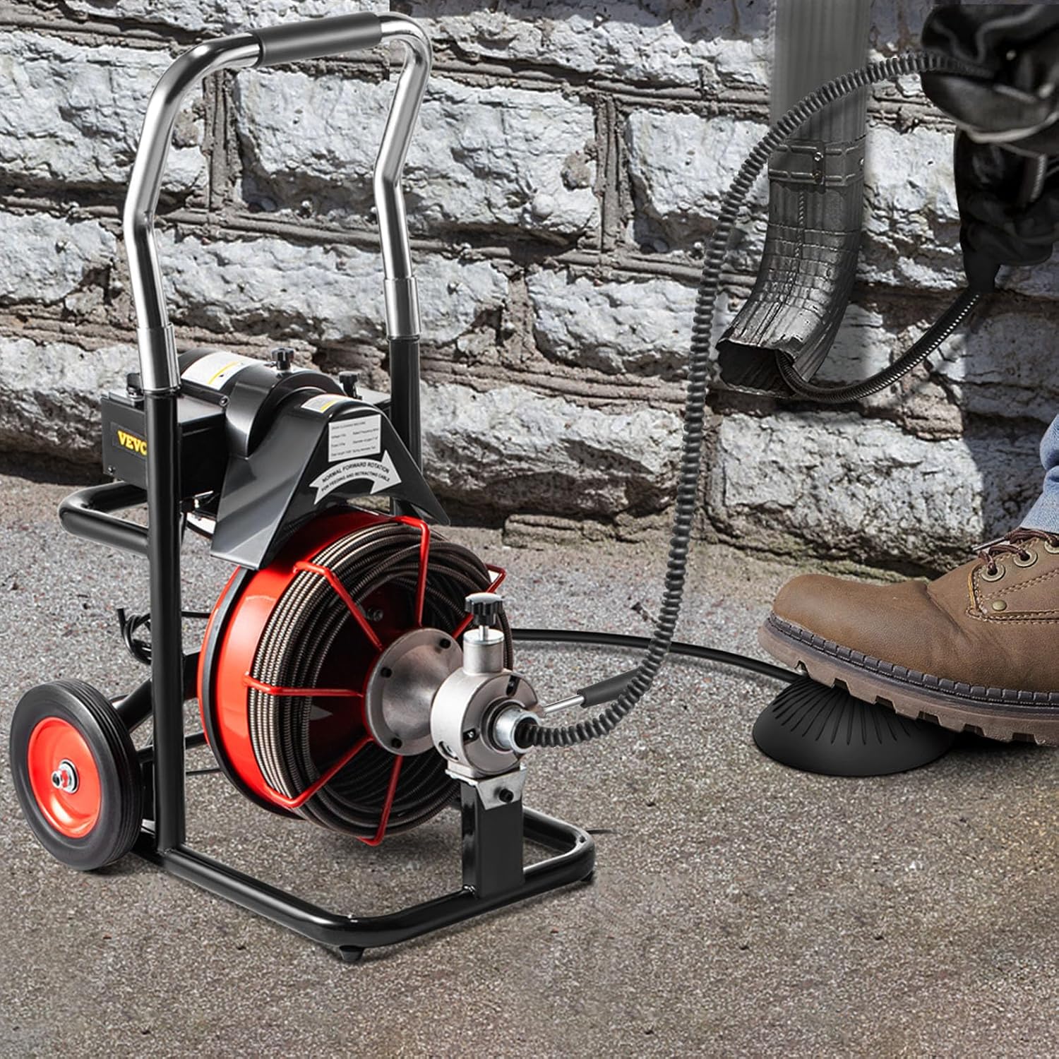 VEVOR 75 FT Drain Cleaning Machine 370W Sewer Snake Auger Cleaner with 4 Cutters & Air-Activated Foot Switch for 1" to 4" Pipes, 75FT x 3/8 Inch, Black, Red