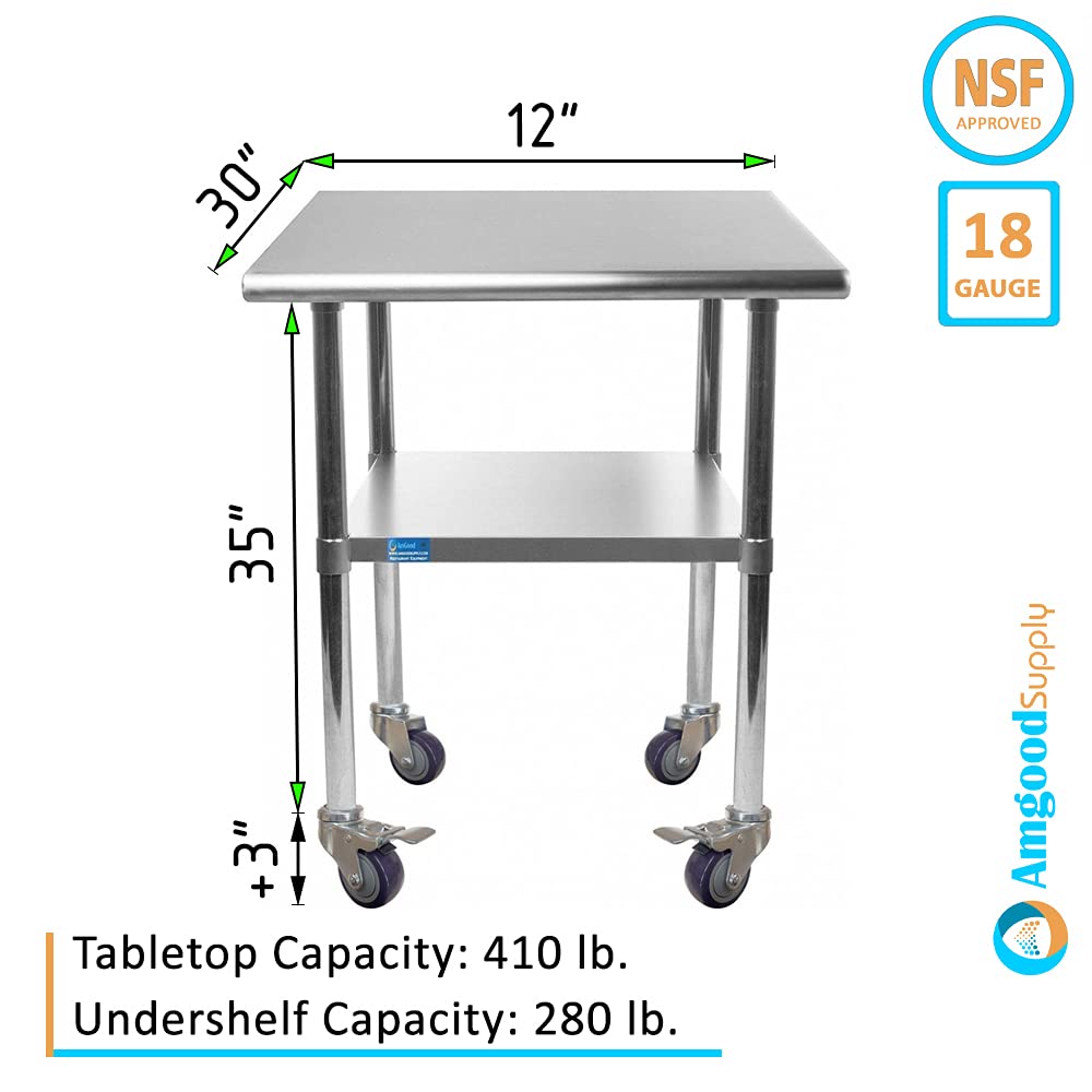 AmGood 18 x 48 Stainless Steel Work Table with Casters | Heavy Duty Metal Utility Table On Wheels | Kitchen Island Cart