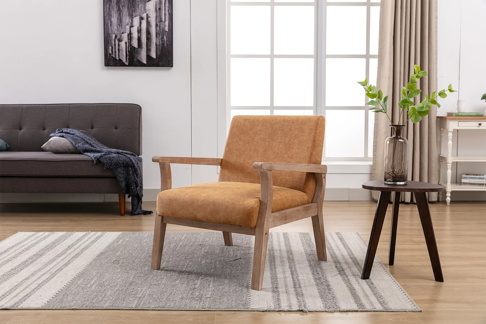 Guyou Wooden Accent Chair, Modern Faux Leather Upholstered Reading Armchair for Living Room Bedroom Study, Tan
