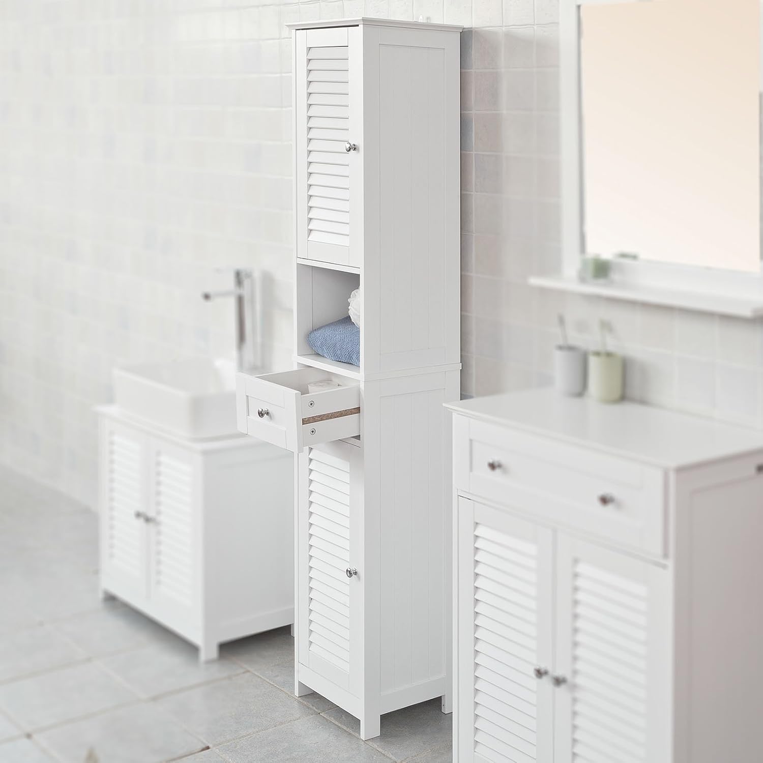 Haotian White Floor Standing Tall Bathroom Storage Cabinet with Shelves and Drawers,Linen Tower Bath Cabinet, Cabinet with Shelf,FRG236-W