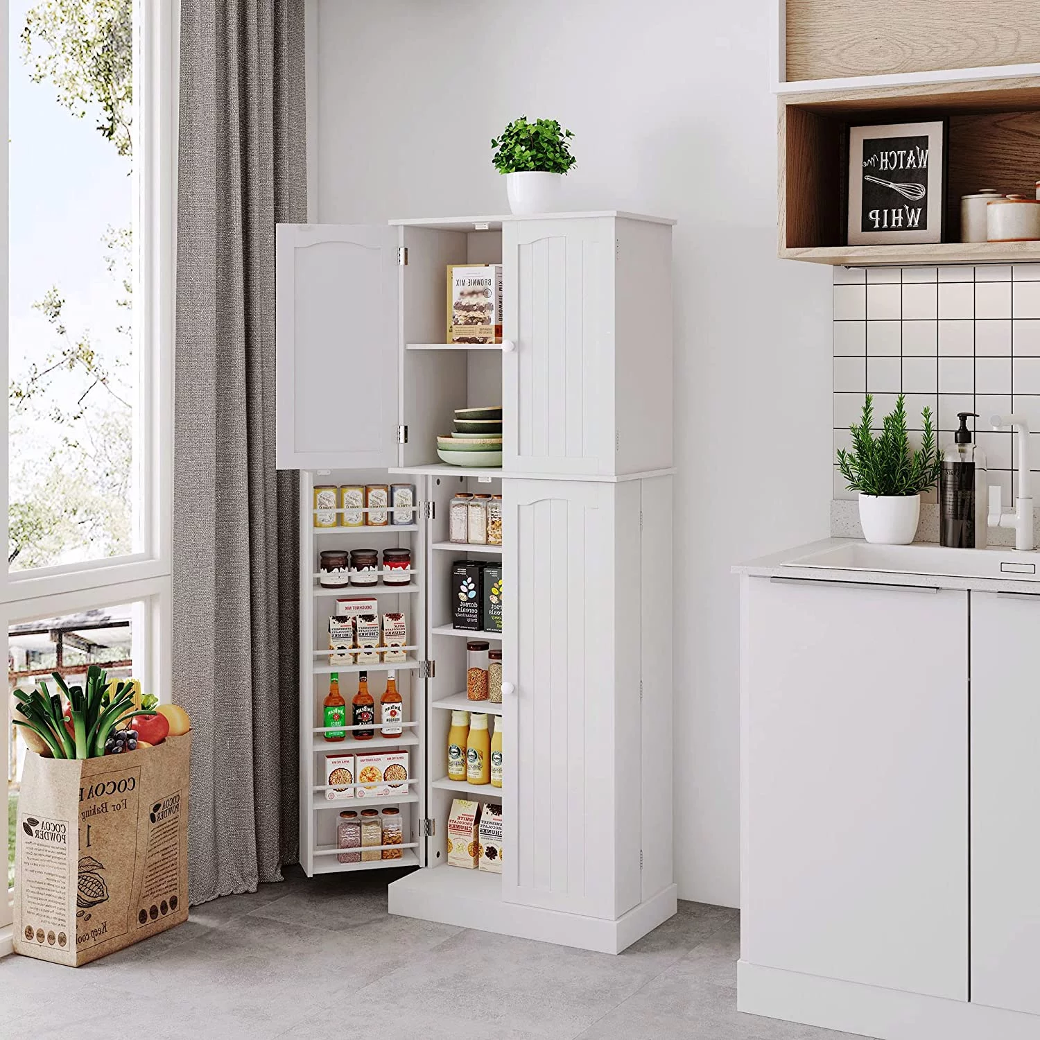 HOMEFORT Tall Kitchen Pantry Storage Cabinet with Doors and Shelves, Wooden Food Pantry Farmhouse Cupboard Freestanding Buffet for Kitchen Dining Living Room, White