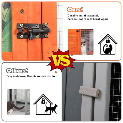 COZIWOW Large Wood Cat Catio, Outdoor Enclosure with Weatherproof Roof, 2 Resting Rooms, 2 Platforms, 4-Tier Cat Playpen, Orange
