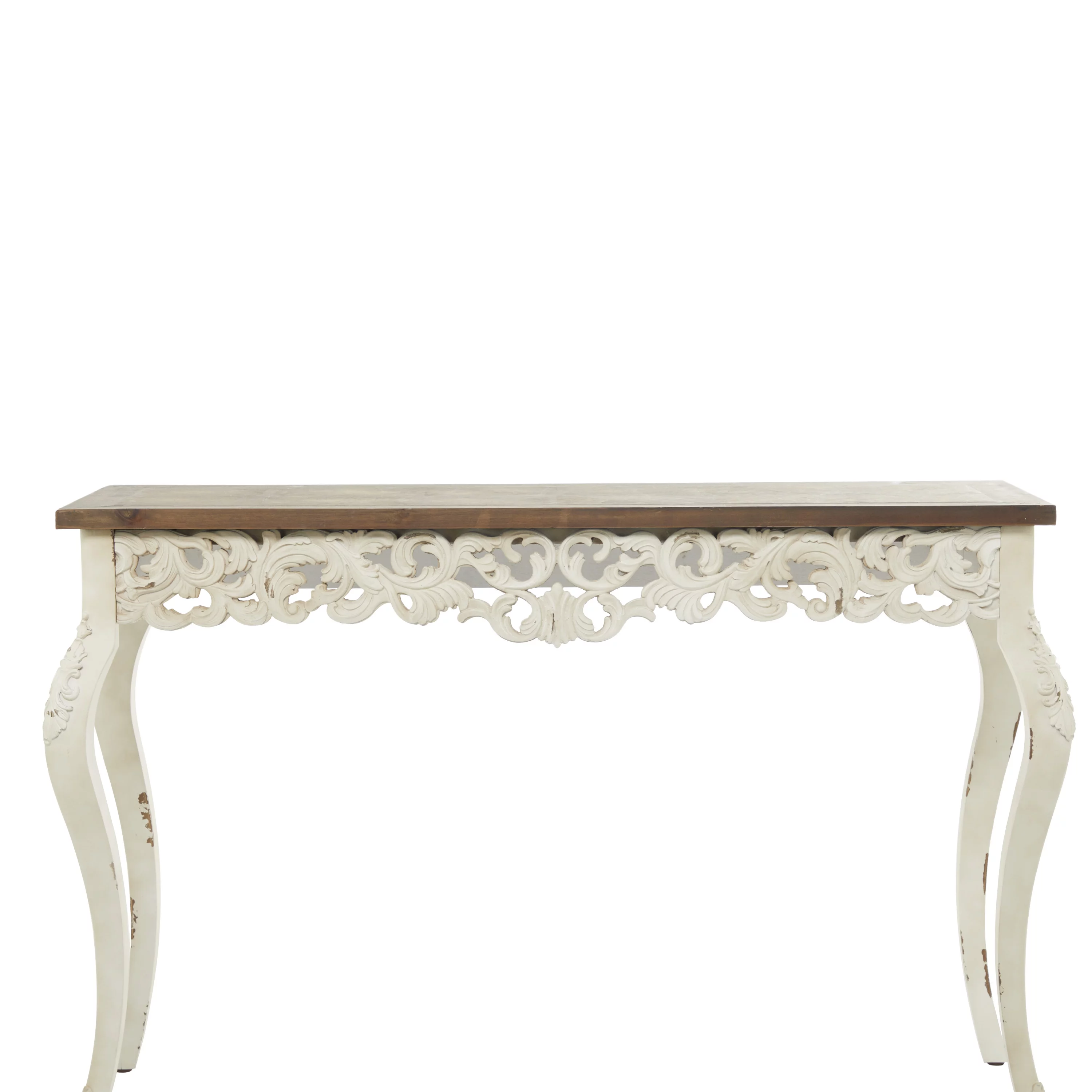 DecMode 46" x 30" White Wood Intricately Carved Floral Console Table with Brown Wood Top, 1-Piece