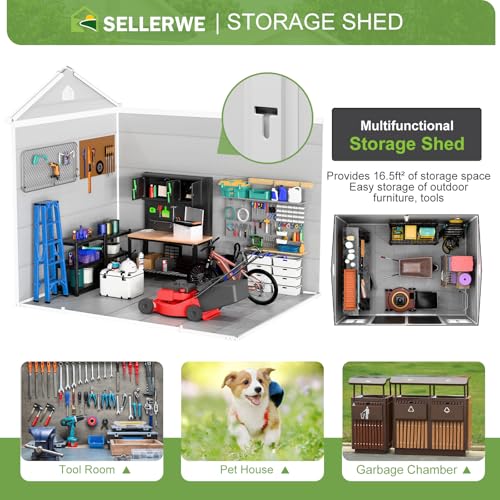 8x6x7 FT Resin Storage Shed, Waterproof Outdoor Storage Shed w/Floor, 2 Windows, Double Lockable Doors & Vents, Tool Shed for Patio Garden, Lawn, Backyard, Dove Grey