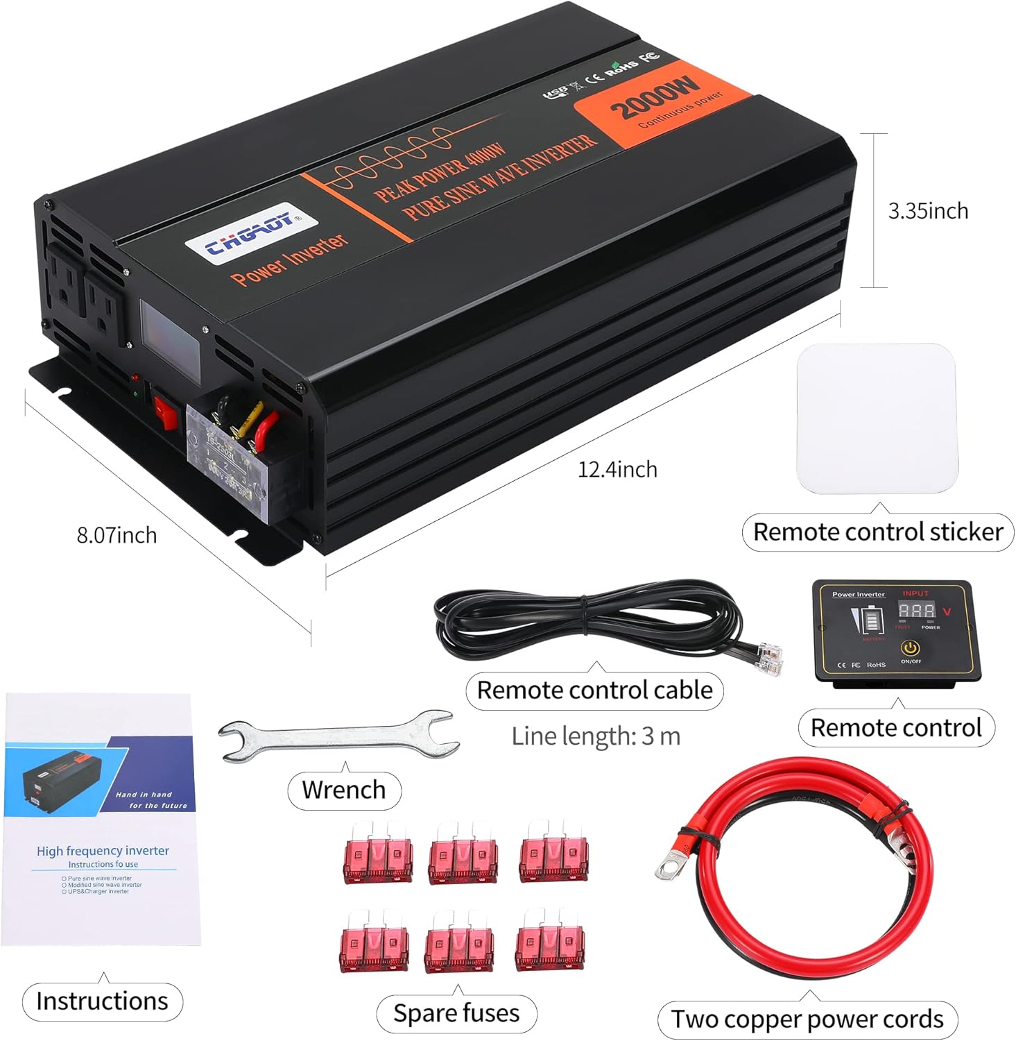 Power Inverter, 2000W Pure Sine Wave Inverter DC 12V to AC 120V Car Inverter with LCD Digital Display Remote Control USB Port Power Converter for Travel/Camping