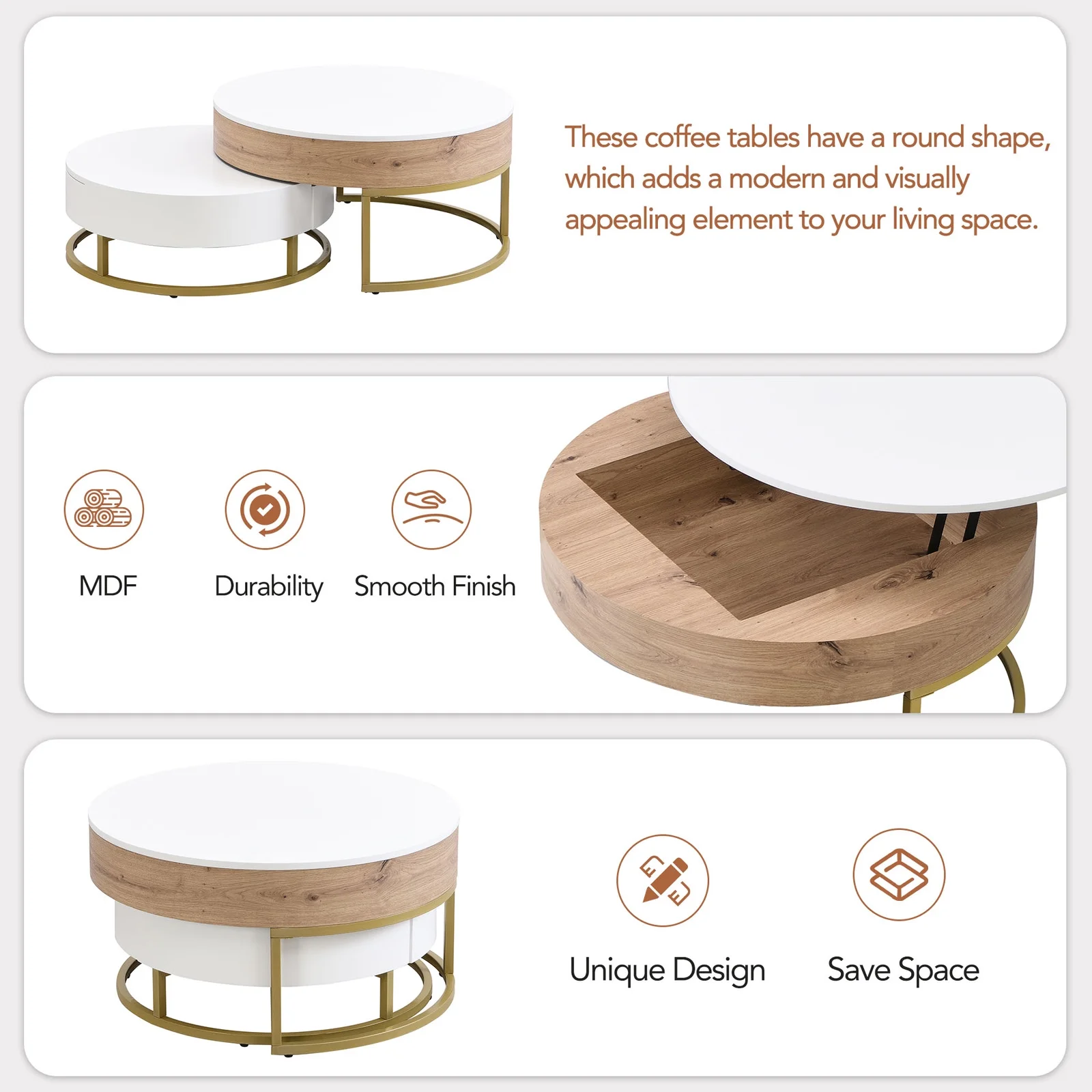 YISUYA Modern Round Lift-top Nesting Coffee Tables with 2 Drawers, Multifunctional Coffee Table, Lift Top Coffee Table, Center Table for Living Room, Home, Office, Oak Natural Wood + Antique White