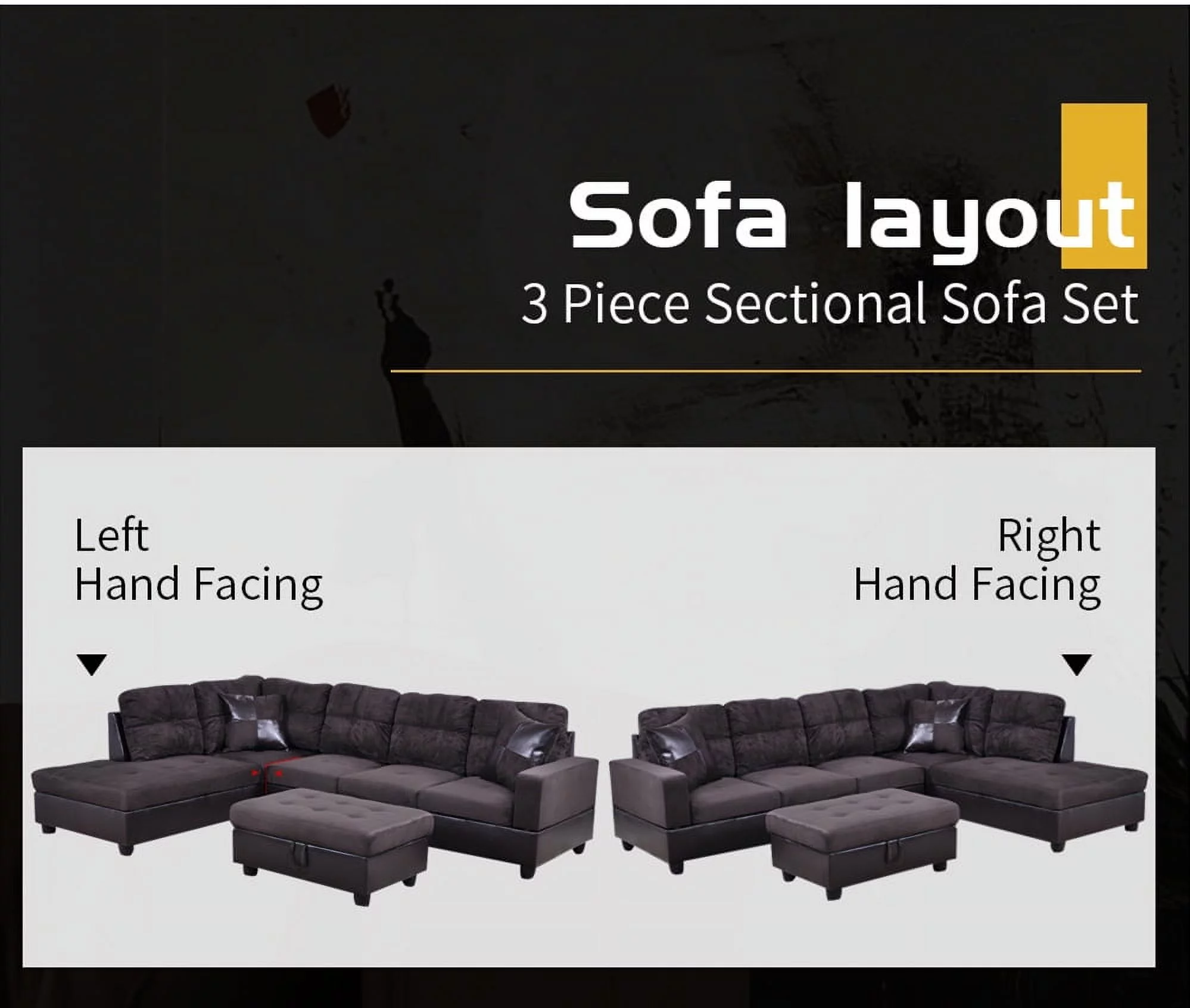 PonLiving Furniture Ezekiel 103.5'' Right & Left Hand Facing Sectional Sofa with Storage Ottoman, Microfiber & Leather Upholstered