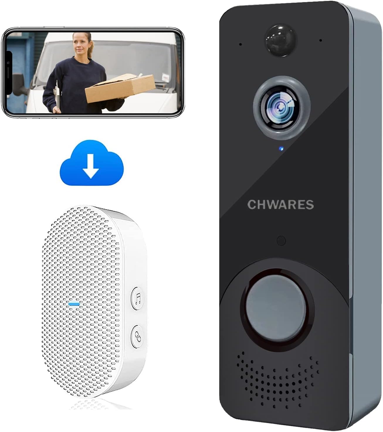 【2022 New】 Wireless Video Doorbell Camera with Chime, 1080P HD Smart Door Bell Motion Detector, 2-Way Audio, Night Vision, Battery Powered, Free Cloud Storage by CHWARES