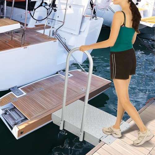 Boat Boarding Platform with Handrail, Dock Extension Step with Safety Grab Bar, Folding Dock Boarding Platform for Marina, Dock, Deck, Boat, Silver