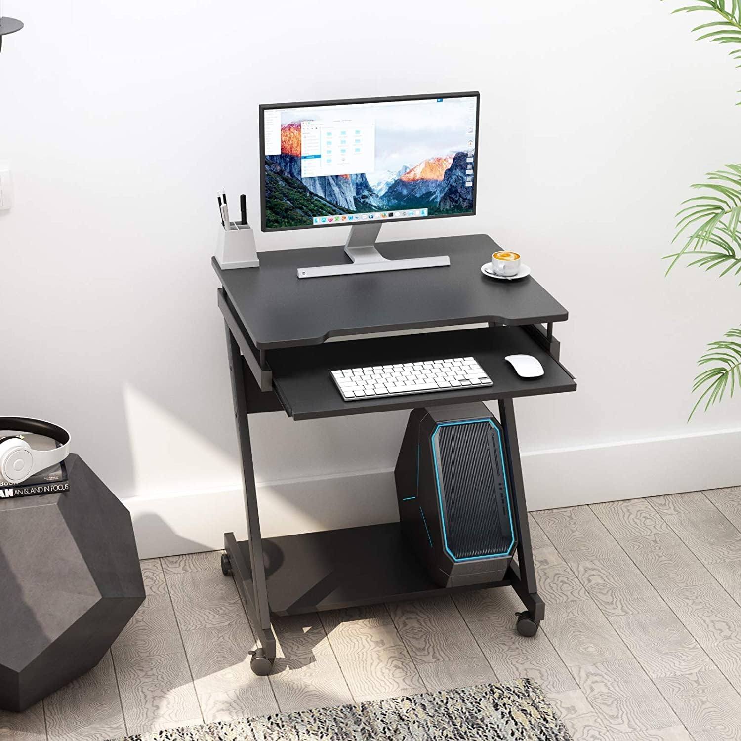 SogesPower Computer Cart Mobile Standing Desk with Keyboard Tray Home Office Workstation for Small Space, Black