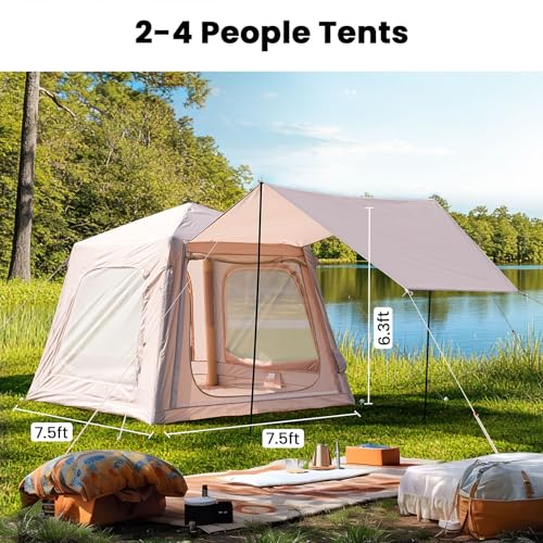 Inflatable Tents for Camping, Blow Up Tent with Hand Pump, Easy Setup Inflatable Hot Tent with Stove Jack, Waterproof Oxford Air Glamping Tents for Camping Adult 4-6 Person