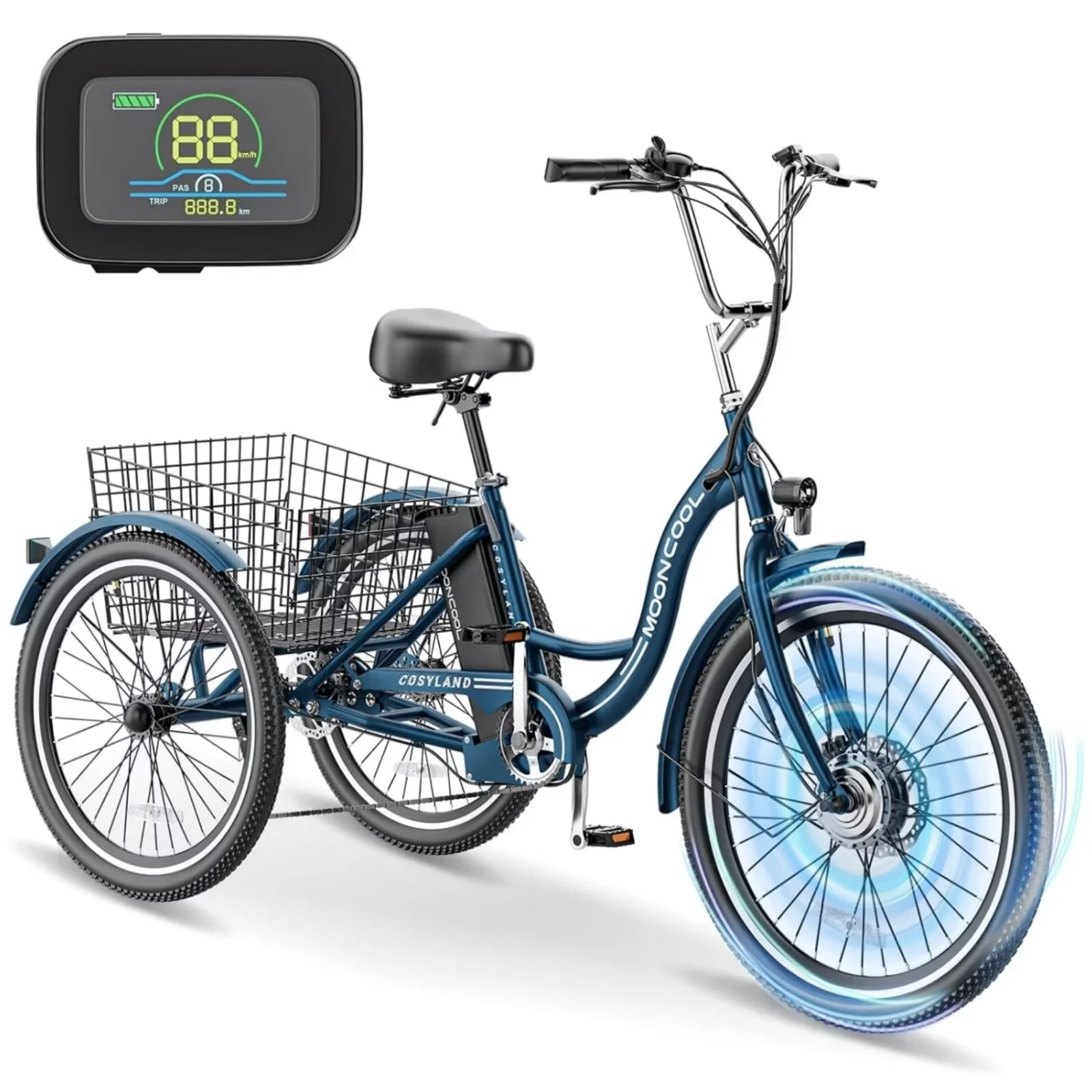 MOPHOTO 24" 350W 36V 7 Speeds Electric Tricycle for Adult, Electric Trike with Basket, 3 Wheel Electric Bikes with Led Headlight, Motorized Tricycle for Senior