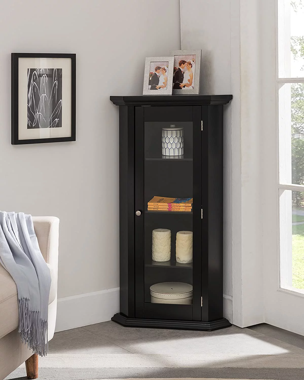 FJU - Corner Accent Display Wood Curio Cabinet, Black