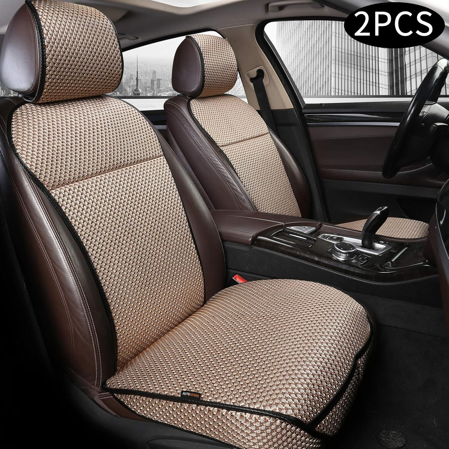 Auto Newer Luxury Breathable Car Seat Cover Fit Four Seasons, Universal Front of Car Seat Cushions, Bottom Seat Covers of Full Wrapped Edge ,Universal Fit for 95% Cars,SUV,Pickup,Van(Beige，2PCS)