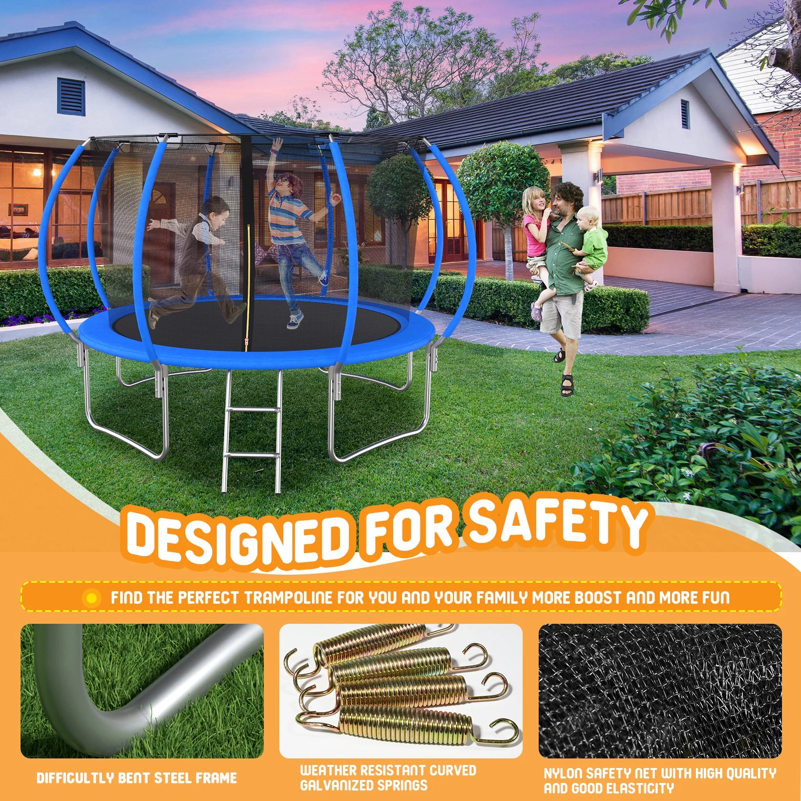 Kids Trampoline with Hoop ON SALES, Seizeen 12FT  Pumpkin Trampoline for Outdoor All-Weather Trampoline W/ Enclosure Net & Anti-collision Curved Pole, Outdoor Round Trampolines Bears 4-6 Kids, Blue