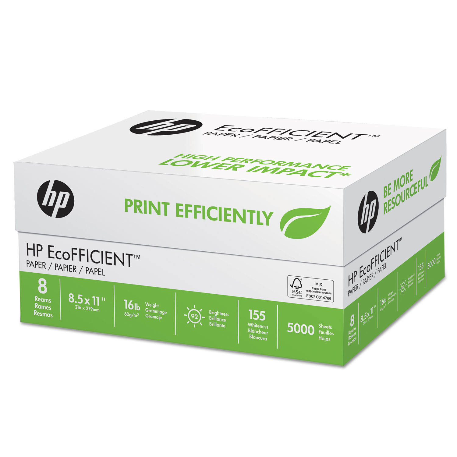 HP EcoFFICIENT Paper 92 Brightness 16lb 8 1/2 x 11 White 5000 Sheets/Carton 216000