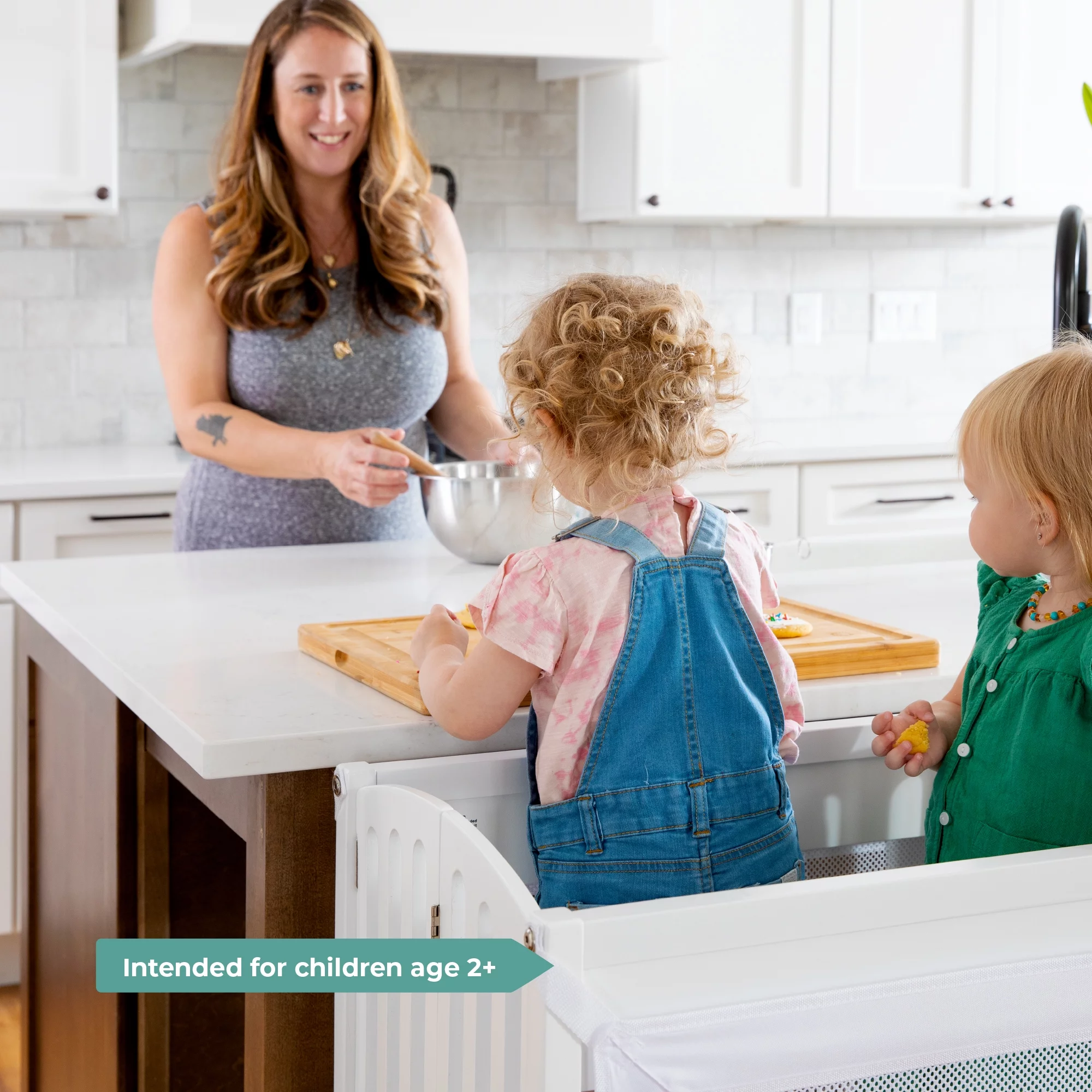 Guidecraft Contemporary Double Kitchen Helper® Stool - White: Extra-Wide Foldable Safety Tower for Two Toddlers; Adjustable Height, Wooden Counter Step Stool | Little Kids Learning Furniture