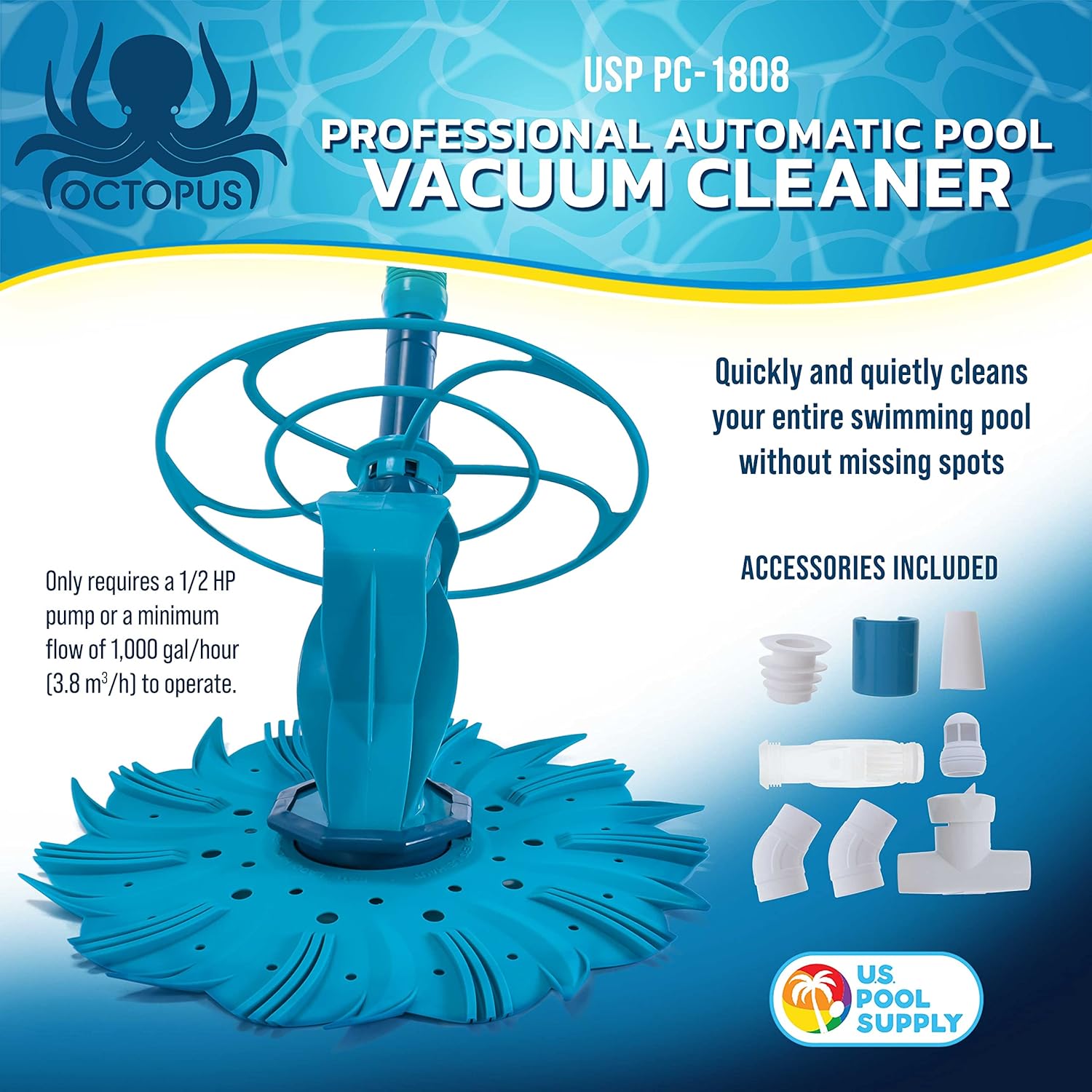 U.S. Pool Supply Octopus Professional Automatic Pool Vacuum Cleaner & Hose Set - Powerful Suction That Removes Swimming Pool Debris, Cleans Floors, Walls, Steps - Quiet Cleaning Side Climbing Sweeper