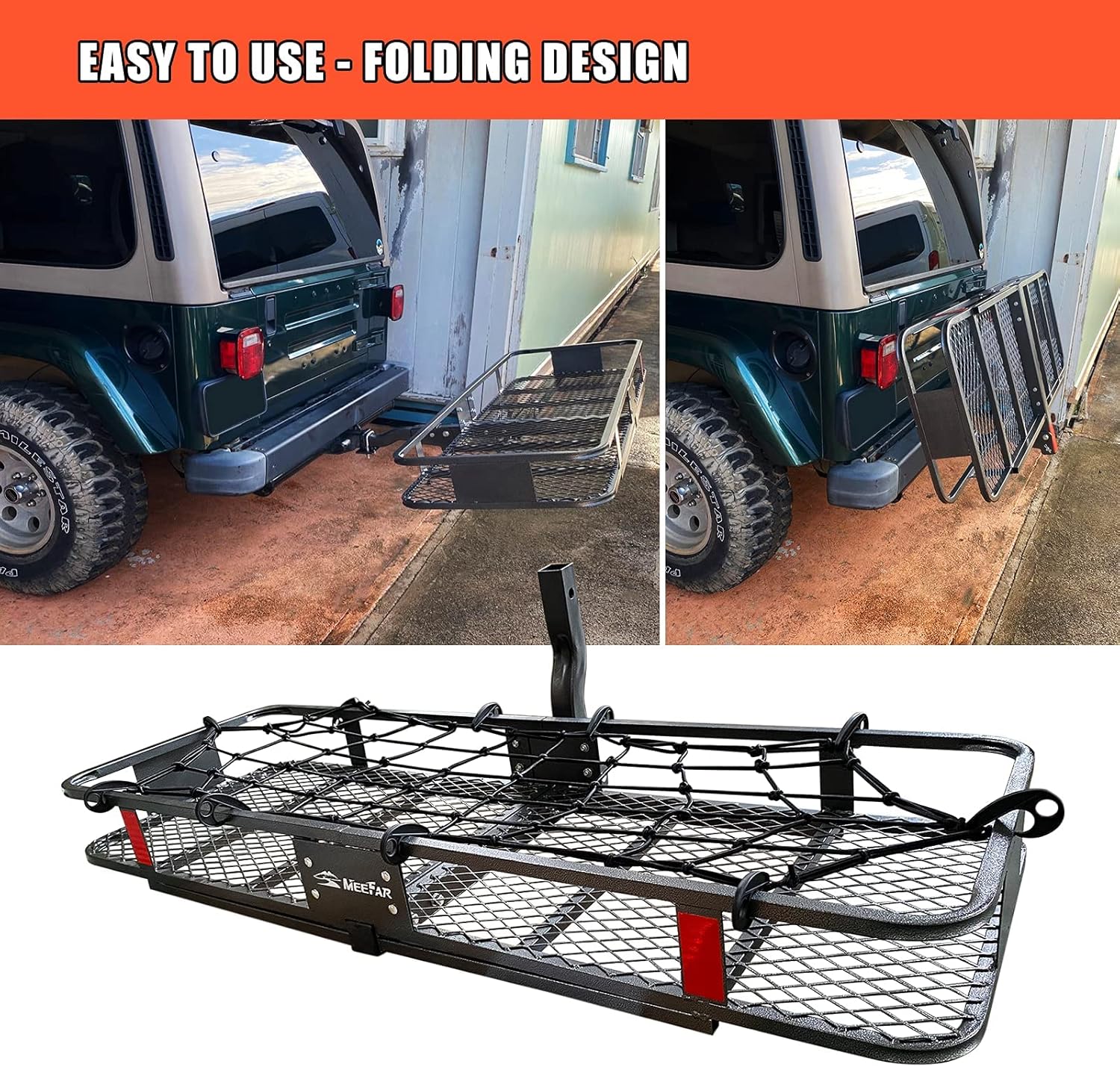 MeeFar Folding Hitch Mount Cargo Carrier Basket 60" X 20" X 6", Hauling Weight Capacity of 500 Lbs and A Folding Arm. with Hitch Stabilizer, Net and Straps
