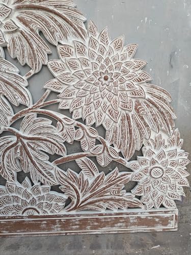 SMARTCAREWOOD Hand Carving- Half Moon Bed Headboard Natural | Bed Head Wall Art | Tropical Home Decor |