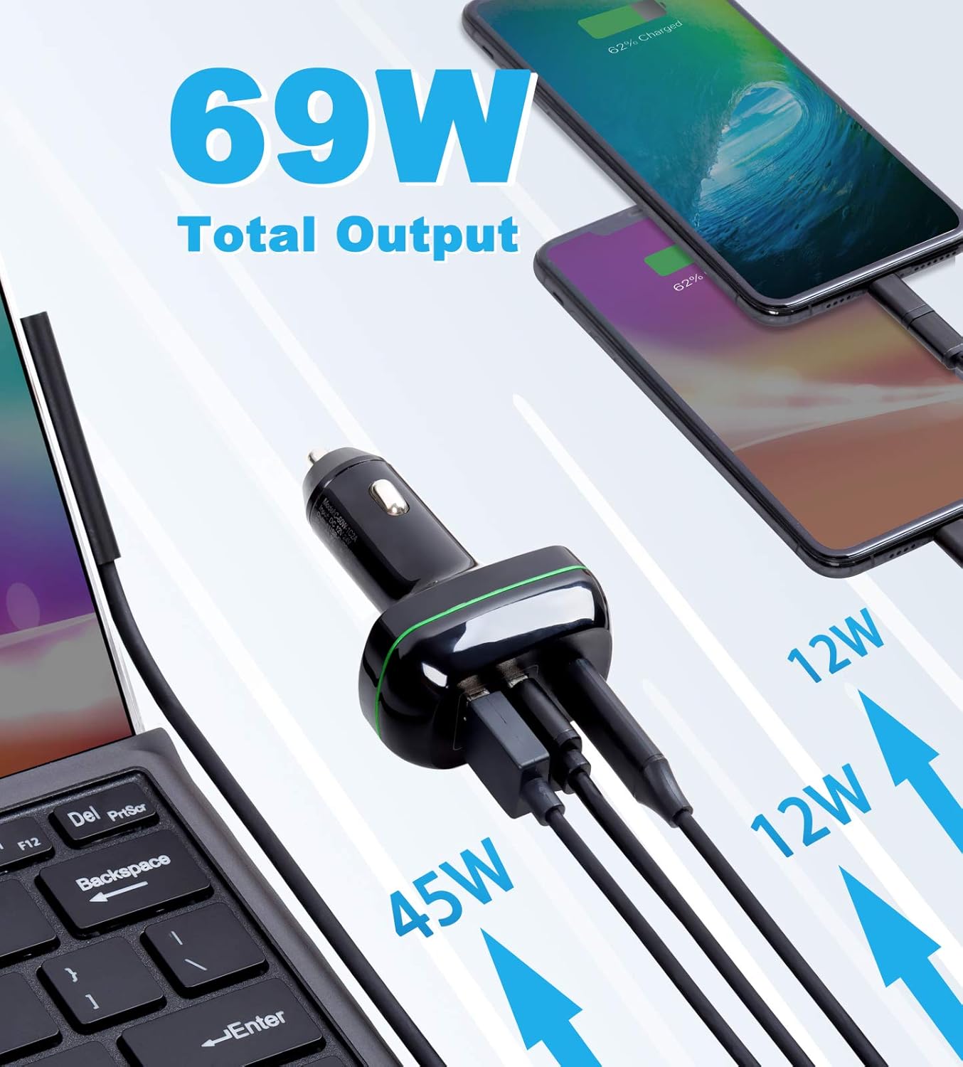 Surface Pro Car Charger Surface Laptop Car Charger, USB C Car Charger Compatible with Surface Pro 8/X/7/6/5/4/3, Surface Laptop Go/4/3/2/1, Surface Book/Go 3/2/1, Dual USB Port for iPad, Phone, Switch
