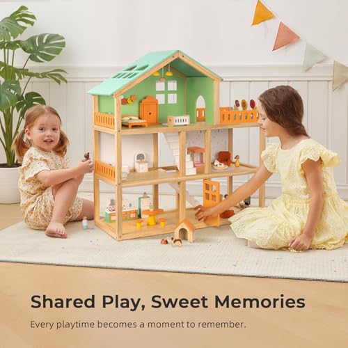 OOOK Large Wooden Dollhouse with 42 Pcs Luxurious Furniture Accessories, 3-Story Doll House 6 Rooms Balcony Wooden Stairs, Ideal Modern Dollhouse for Toddlers 3-5