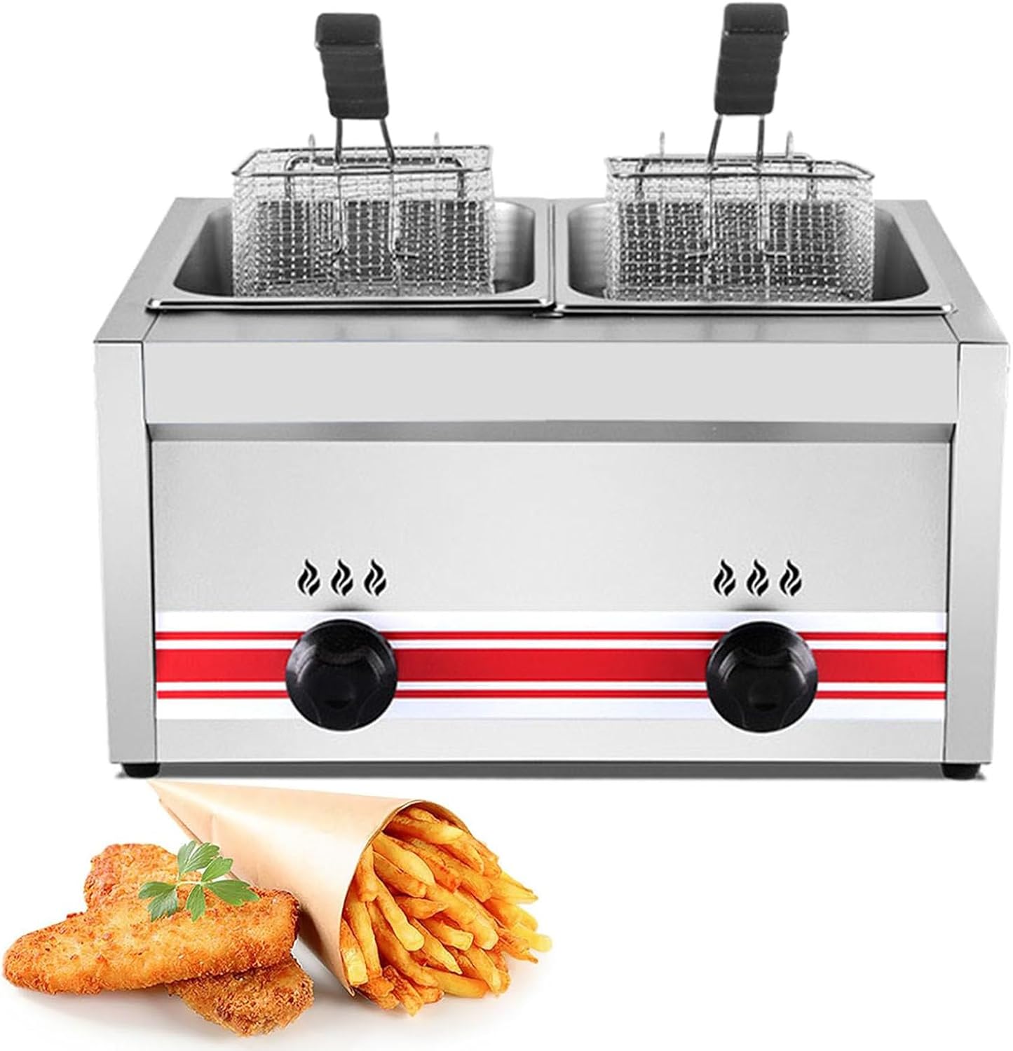 Two Tank Outdoor Deep Fryer, Propane Deep Fryer with 2 Stainless Steel Baskets and Lids Gas Deep Fryer for French Fries, Chicken,Home Kitchen Restaurant