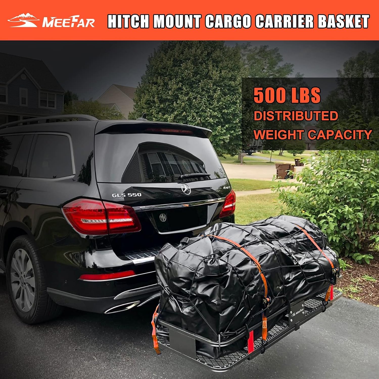 MeeFar Folding Hitch Mount Cargo Carrier Basket 60" X 20" X 6", Hauling Weight Capacity of 500 Lbs and A Folding Arm. with Hitch Stabilizer, Net and Straps
