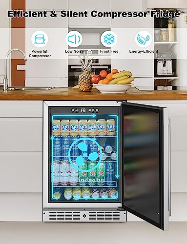 Enocreay 24 Inch Indoor Under Counter Drawer Fridge Stainless Steel Undercounter Refrigerator Freestanding Outdoor Fridge