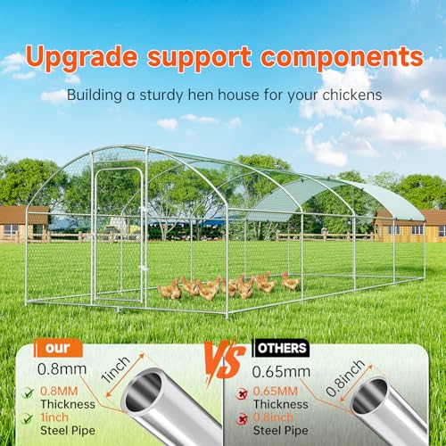 Large Metal Chicken Coop, Chicken Run Poultry Cage Hen with Water-Resident and Anti-UV Cover for Duck Rabbit House Outdoor Walk-in Chicken Pen for Yard, Dome Roof(10’ W x 19.7’ L x 6.4’ H)
