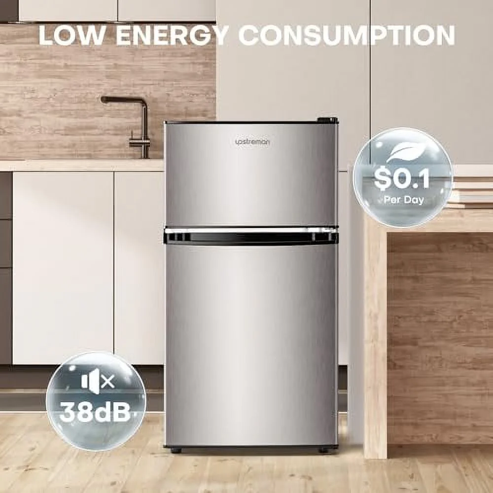 Upstreman 3.2 Cu.Ft Mini Fridge with Freezer, Double Door Mini Fridge, Adjustable Thermostat, Mini Refrigerator for Dorm, Office, Bedroom, Stainless