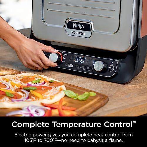 Ninja Woodfire Pizza Oven, 8-in-1 outdoor oven, 5 Pizza Settings, Ninja Woodfire Technology, 700°F high heat, BBQ smoker, wood pellets, pizza stone, electric heat, portable, terracotta red, OO101