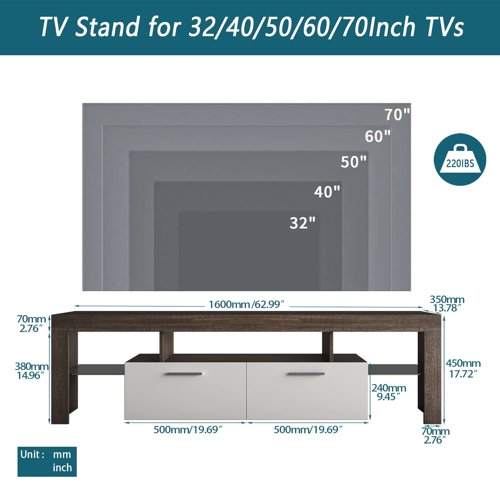 paproos TV Stand for 70 Inch TV, Farmhouse TV Console Table with Storage Drawers and Media Shelves, 16 Colors LED Light&Remote Control, Entertainment Center Television Cabinet for Living Room, Brown