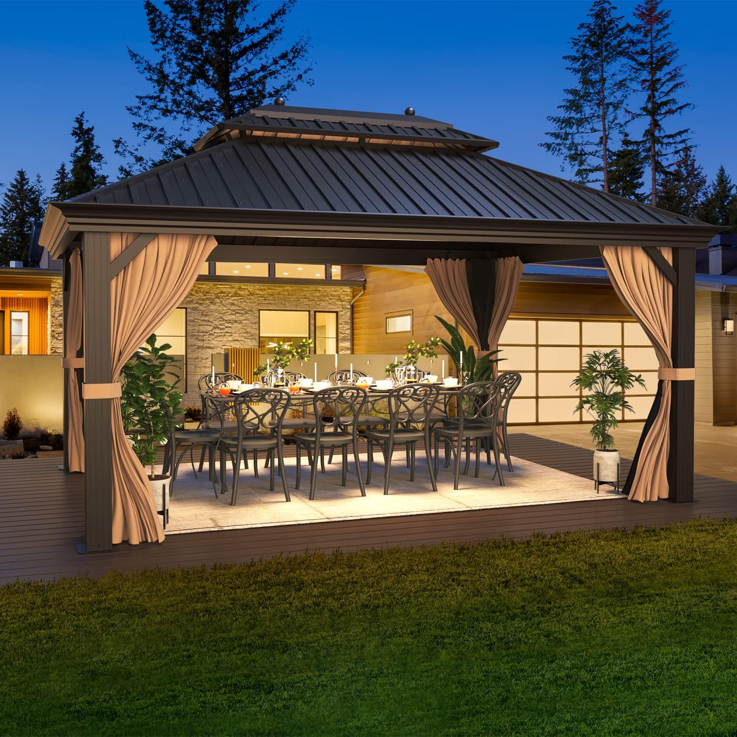 EROMMY Hardtop Gazebo Galvanized Steel Outdoor Gazebo Canopy Double Vented Roof Pergolas Aluminum Frame with Netting and Curtains for Garden,Patio,Lawns,Parties (10'x 13')