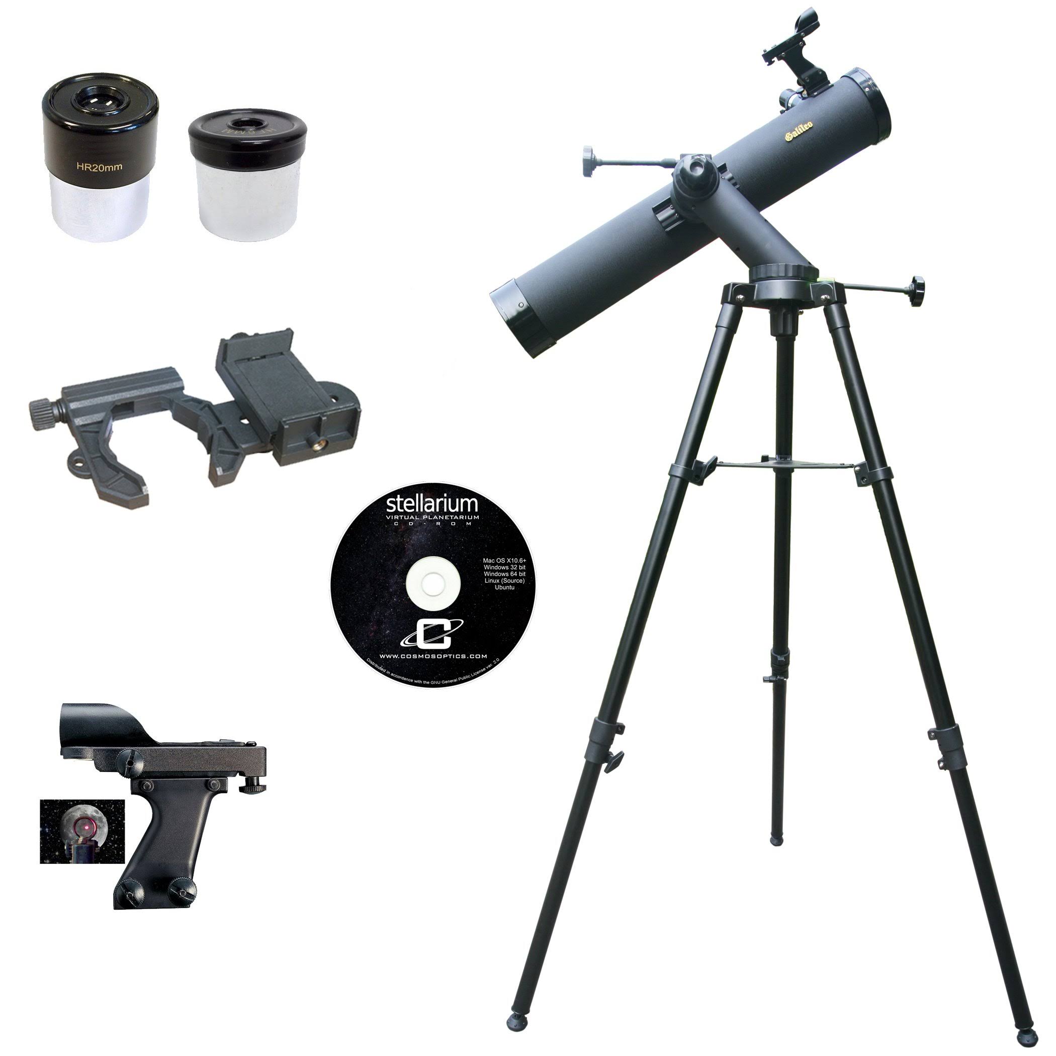 Galileo SS-80090TR 800mm x 90mm Astronomical Reflector Telescope with Smartphone Photo Adapter, Black