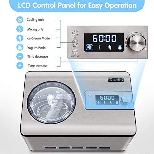 KUMIO Ice Cream Maker with Compressor, No Pre-Freezing, 4 Modes Ice Cream Maker Machine with LCD Display, Timer