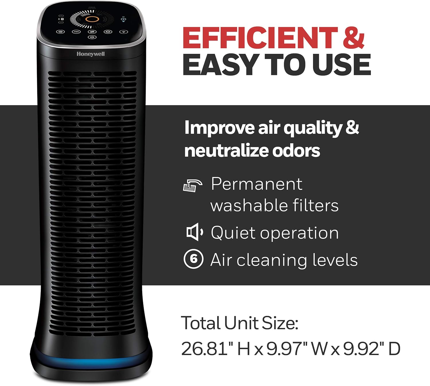 Honeywell HFD360 Air Genius 6 Air Purifier with Bluetooth, Permanent, Washable Filter, Large Rooms (260 sq. ft.), Black