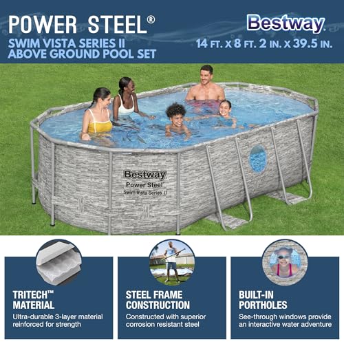 Bestway Power Steel Swim Vista Series II 14' x 8' 2" x 39.5" Above Ground Outdoor Swimming Pool Set with 530 GPH Filter Pump, Ladder, and Pool Cover