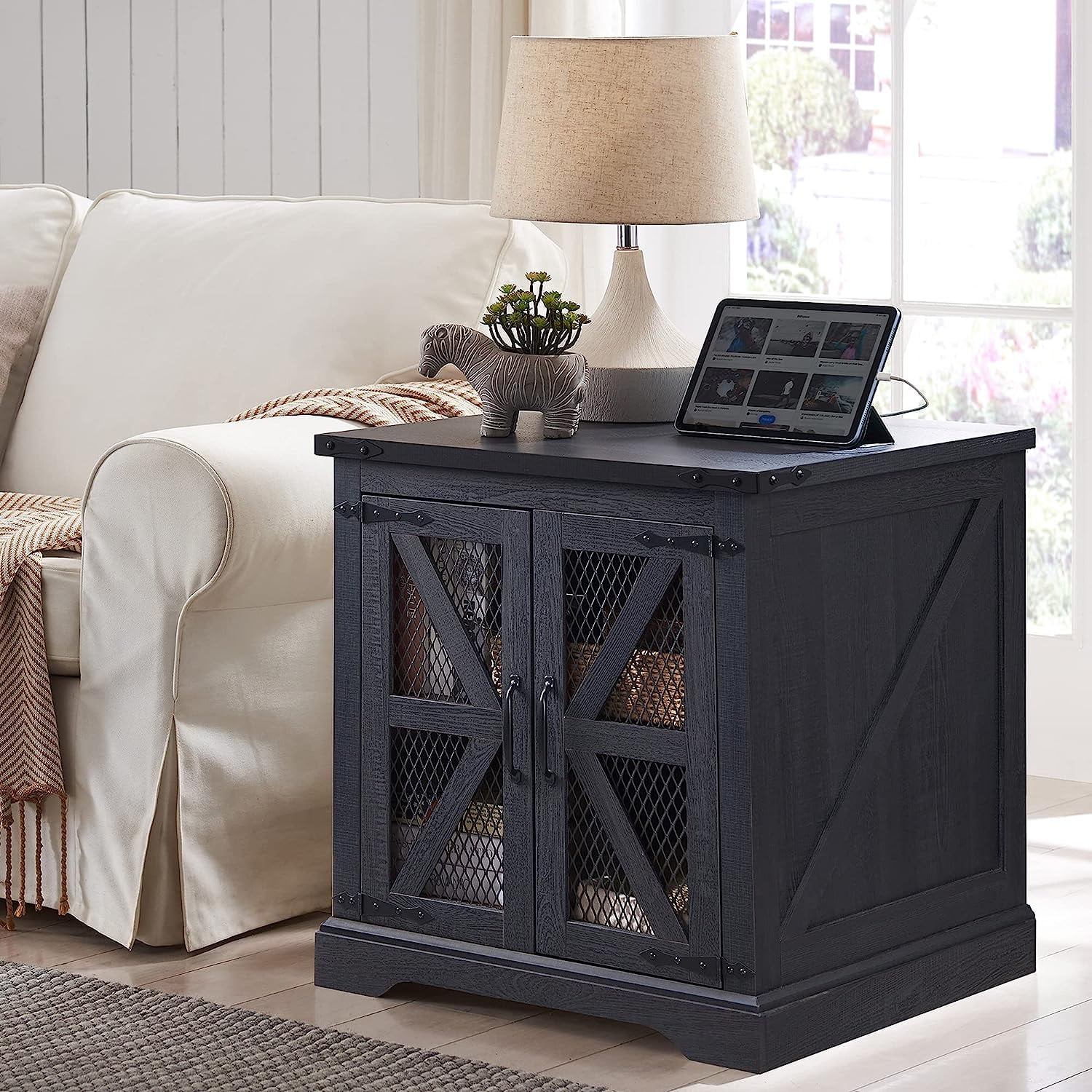 T4TREAM Nightstand with Adjustable Shelves, Farmhouse End Side Table with Charging Station for Bedroom Living Room, Black