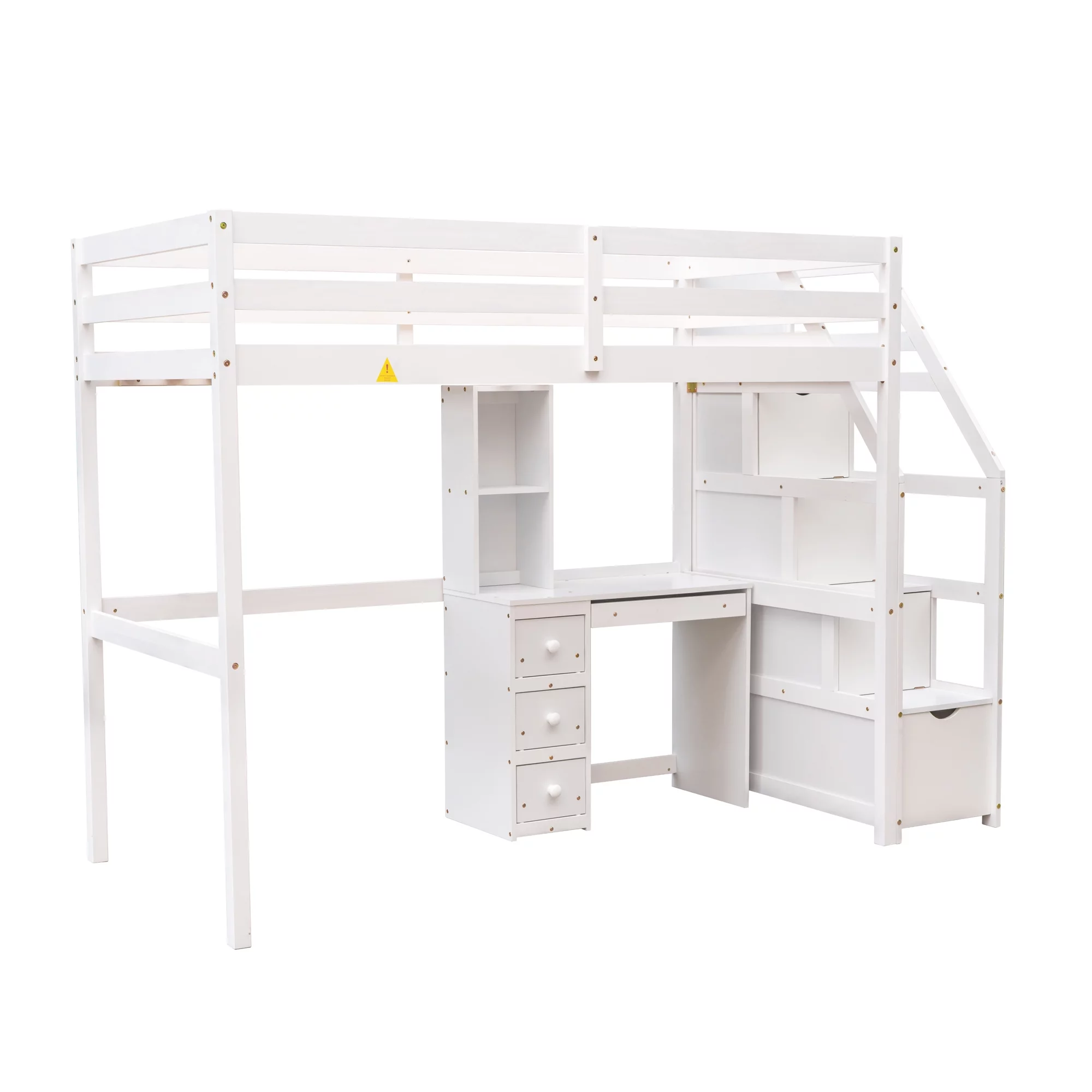 Euroco Wood Twin Bunk Loft Bed with Desk, Drawers and Shelf for Kids, White