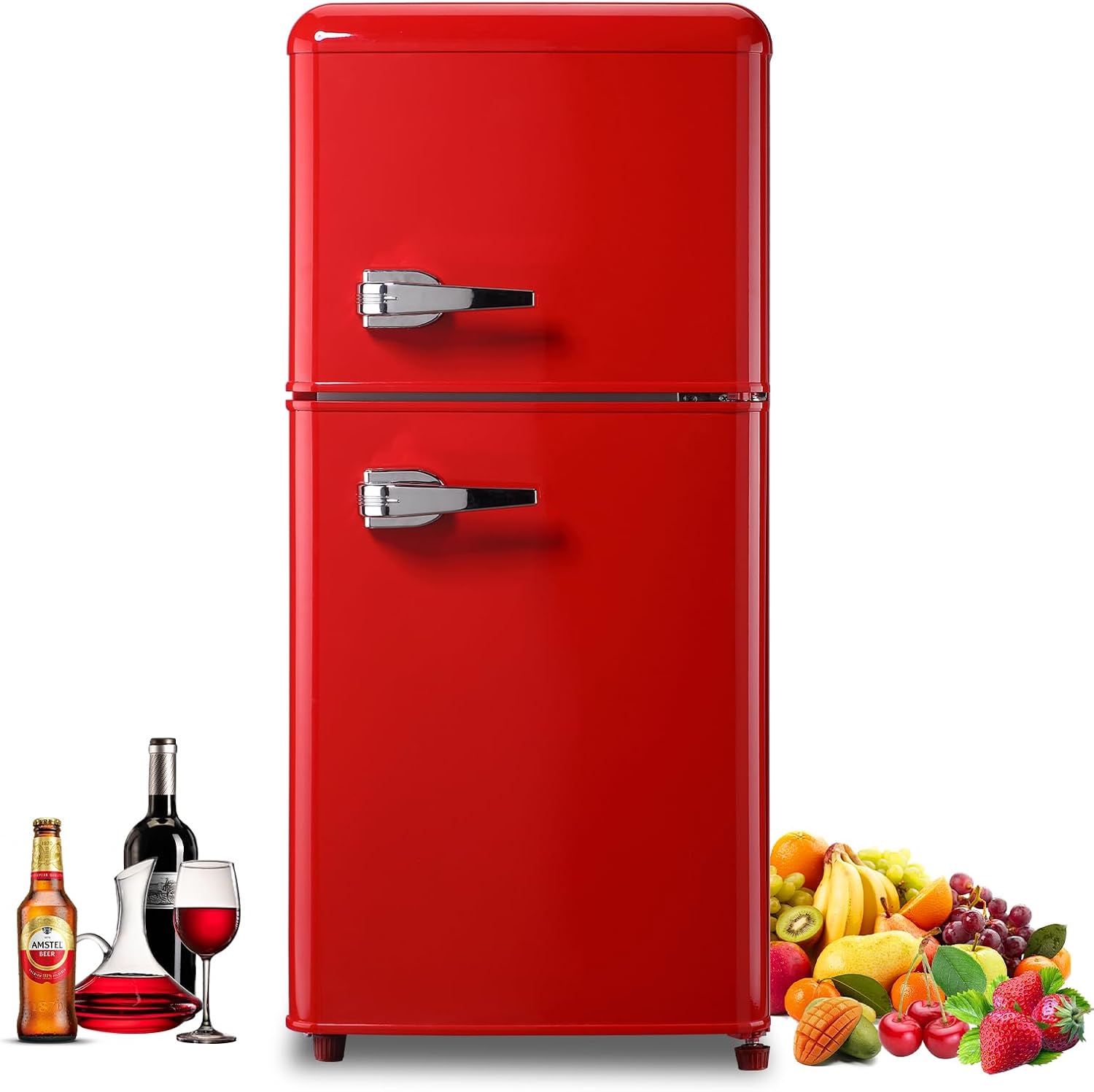 Mini Refrigerator with Freezer 3.5 Cu.Ft, Mini Fridge with 7 Settings Temperature, Adjustable Shelves, 2 Doors, Low Noise, Mini Refrigerator for Apartment, Bedroom, Office, Dorm Red