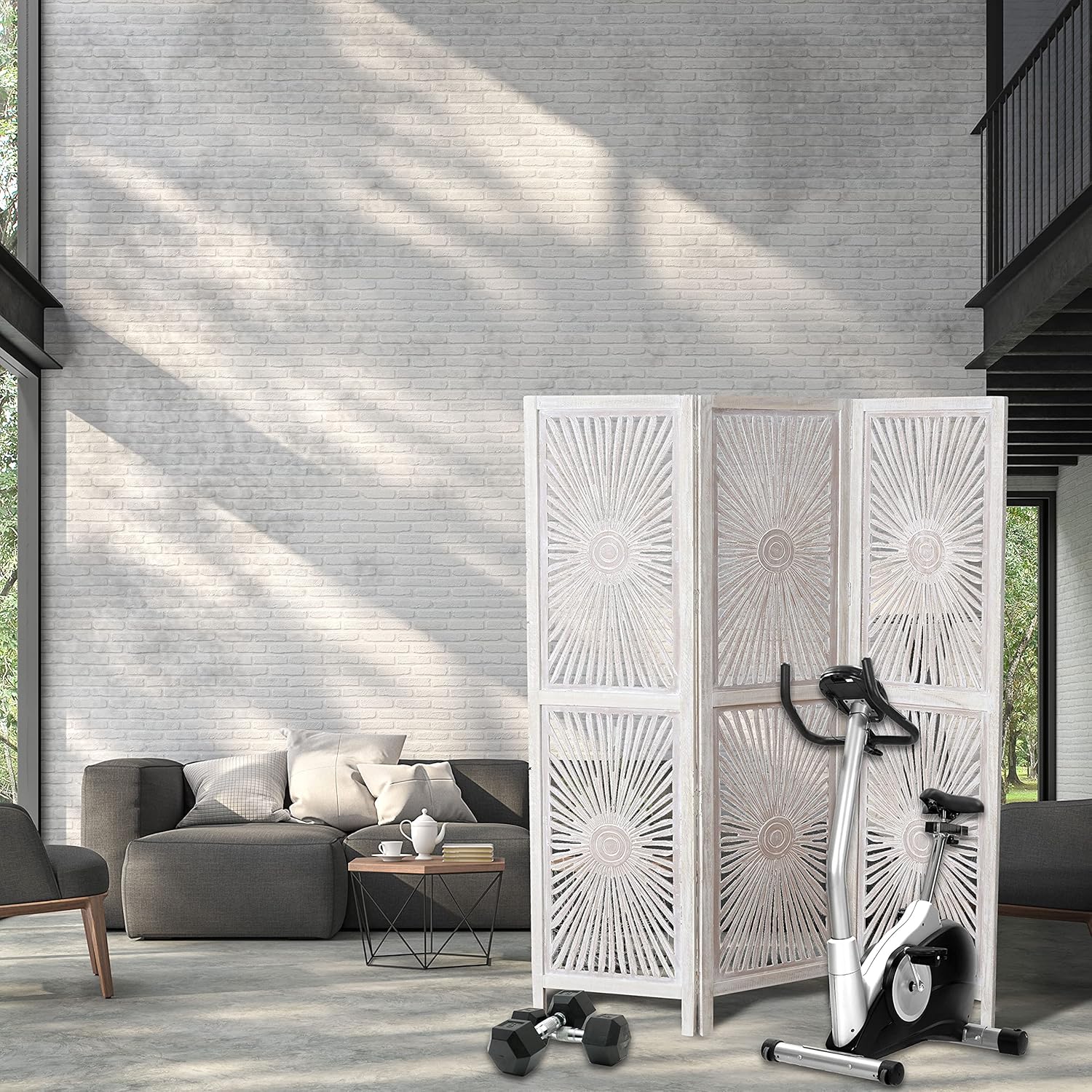 Modernist Sunburst Room Divider, Carved, Abstract Burst Motif, 3 Panel, Vintage Style, Rustic Pale Wood, White Wash Distressed, Mango and MDF Wood, Approx. 6 Ft Tall, 71.75 Inches Tall (182 H cm)