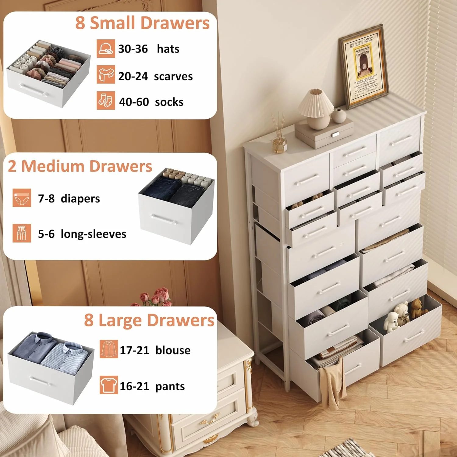 HOMEFORT 18 Drawer Dresser for Bedroom, 57" Tall Fabric Chest of Drawers, Large Capacity Storage Organizer Tower for Closet, Living Room, Hallway, Entryway, White