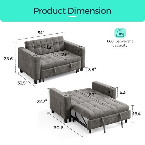 LINSY 3-in-1 Convertible Sofa Bed, 54" Pull Out Sleeper Sofa with Charging Station & Cup Holder, Small Folding Loveseat with Side Pocket for Small Space, Corduroy Couch, Green