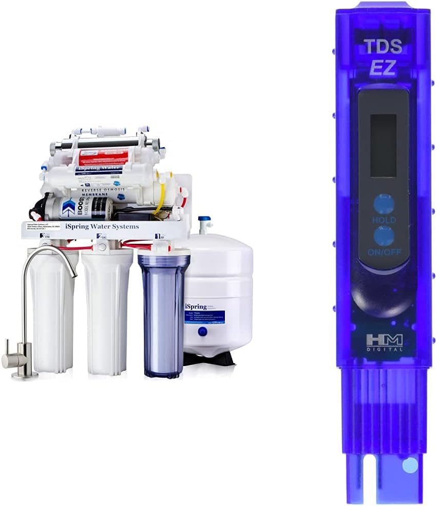iSpring RCC1UP-AK 100GPD Under Sink 7-Stage Reverse Osmosis RO Drinking Filtration System and Ultimate Water Softener,White & HM Digital TDS-EZ Water Quality TDS Tester, 0-9990 ppm Measurement Range