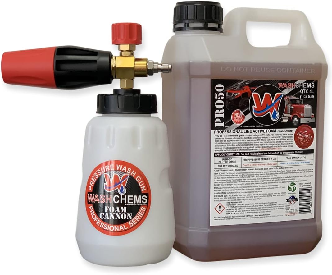Wash Chems PRO-50 Touchless Car Wash Detergent Soap with Professional Foam Cannon (1 Gallon, 128 oz.) No Brushing, Commercial Grade Professional Auto Cleaner (Biodegradable) Also Great for Trucks & Tractors