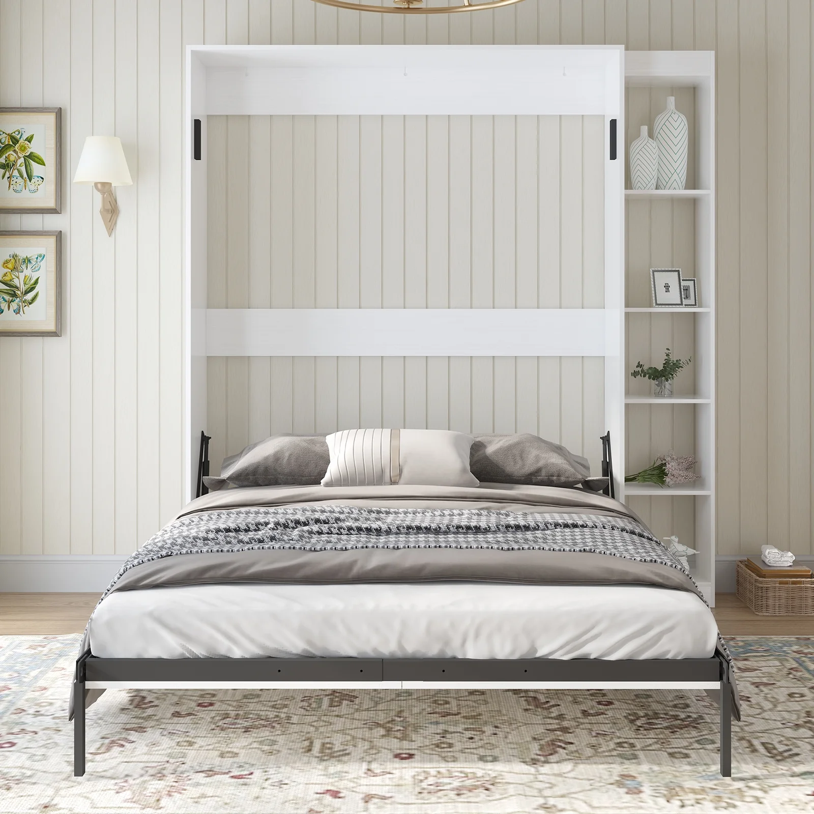 MUZZ Foldable Murphy Bed with 1 Side Cabinet, Folding Wall Bed with Space Saving Design, Fold up Murphy Bed Cabinet for Storage, Multipurpose Cabinet Bed for Bedroom/Apartment (Style5+1,White)