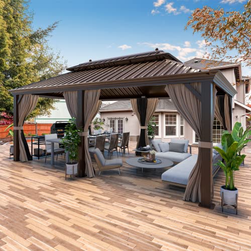 YOLENY 10' x 12' Hardtop Gazebo, Wood-Looking Gazebo with Galvanized Steel Double Roof, Aluminum Frame, Permanent Metal Pavilion with Netting and Curtains for Deck, Backyard, Patio and Lawns