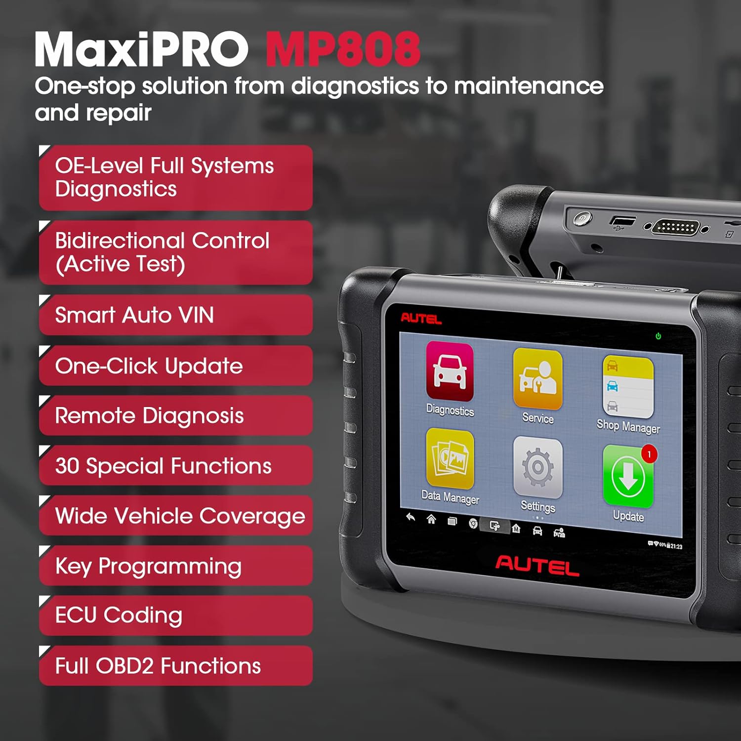 Autel Scanner MaxiPRO MP808 OBD2 Diagnostic Scan Tool with Bi-directional Control, Key Fob Programming, ABS bleeding brake, Reset Functions including Oil Reset, EPB, SAS, DPF, BMS, ABS, SRS, TPMS